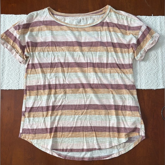 Maurices 24/7 Dawson Maroon Yellow Pink White Striped Drop Shoulder Tee Large - Picture 2 of 8